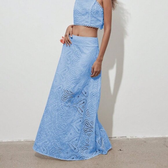 Blue Elegant Women's Floral Hollow Out Full Embroidery A-Line Maxi Skirt - Picture 2 of 11